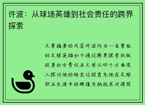 许波：从球场英雄到社会责任的跨界探索